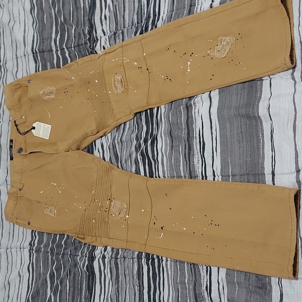 Mens tan black & white paint splatter  distressed jeans